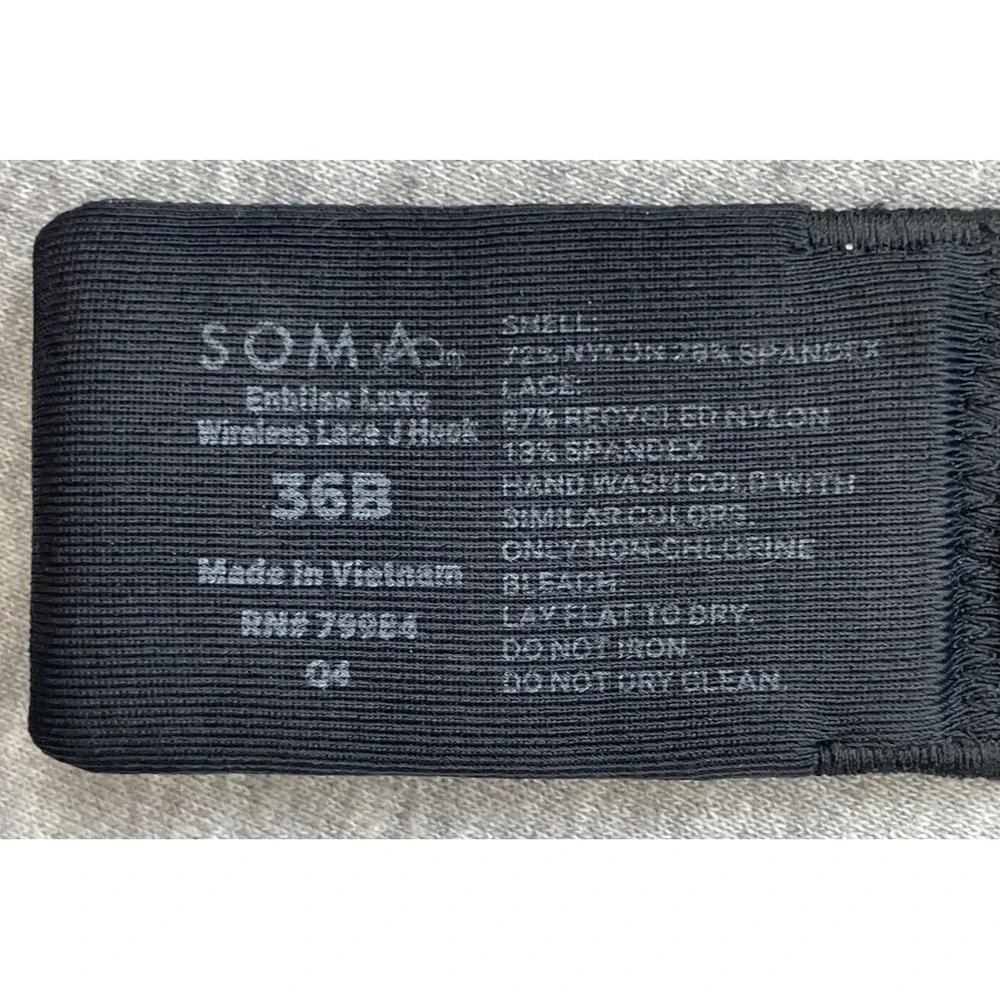 Soma Bra Womens 36B Black Wireless Enbliss Lined Bralette Adjustable Strap